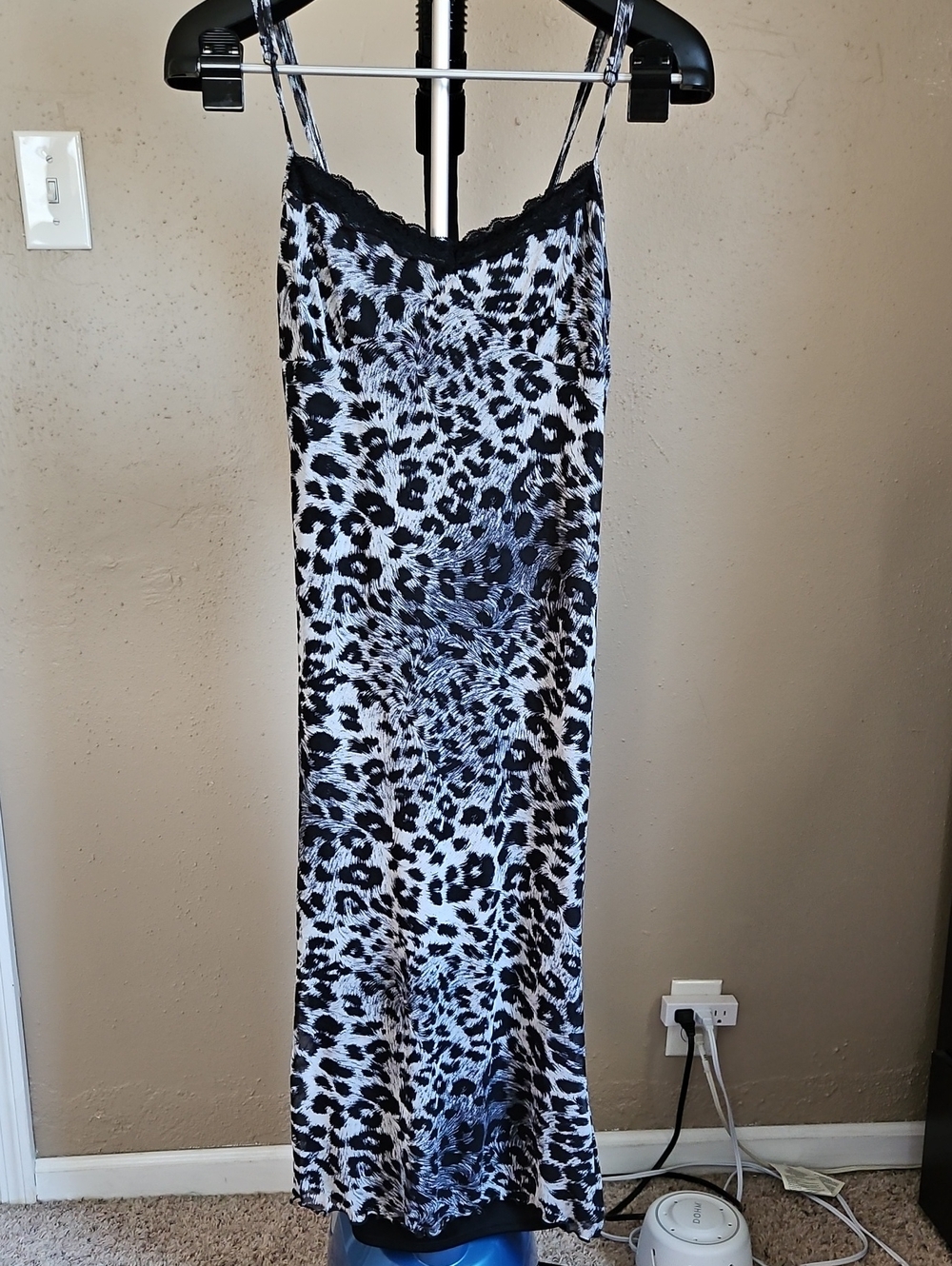 Black & White Leopard-Print Slip Dress with Lace Trim